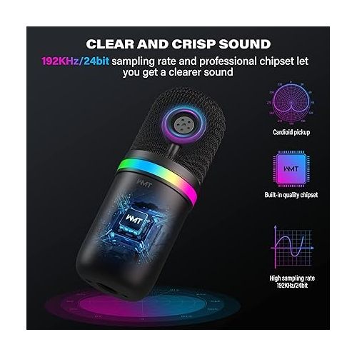  WMT USB Microphone - Condenser Gaming Microphone for PC/MAC/PS4/PS5/Phone- Cardioid Mic with Brilliant RGB Lighting Headphone Output Volume Control, Mute Button, for Streaming Podcast YouTube Discord