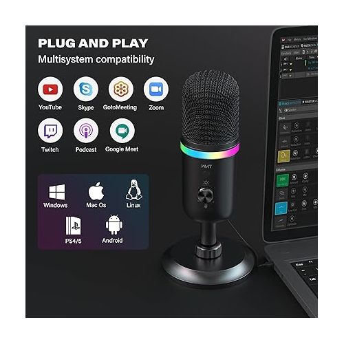  WMT USB Microphone - Condenser Gaming Microphone for PC/MAC/PS4/PS5/Phone- Cardioid Mic with Brilliant RGB Lighting Headphone Output Volume Control, Mute Button, for Streaming Podcast YouTube Discord