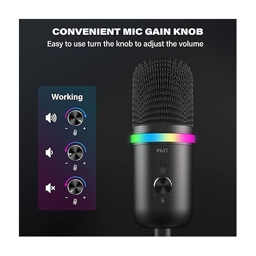  WMT USB Microphone - Condenser Gaming Microphone for PC/MAC/PS4/PS5/Phone- Cardioid Mic with Brilliant RGB Lighting Headphone Output Volume Control, Mute Button, for Streaming Podcast YouTube Discord