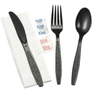 WNA 611968 6-Piece Cutlery Kit, 15 x 13-1/2 1-Ply Napkin, Heavy Black Styrene Knife-Fork-Spoon (Case of 250)