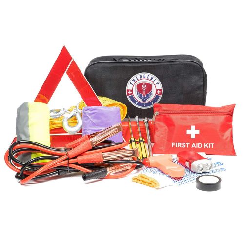  WNG Brands Roadside Assistance Emergency Car Kit - First Aid Kit, Jumper Cables, Tow Strap, led Flash Light, Rain Coat, Tire Pressure Gauge, Safety Vest and More Ideal Winter Accessory for yo