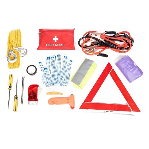  WNG Brands Roadside Assistance Emergency Car Kit - First Aid Kit, Jumper Cables, Tow Strap, led Flash Light, Rain Coat, Tire Pressure Gauge, Safety Vest and More Ideal Winter Accessory for yo