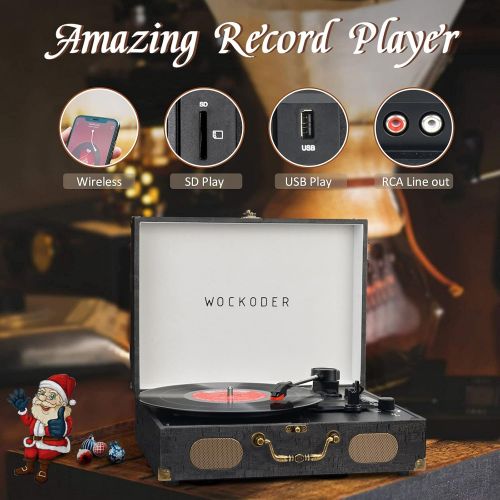  WOCKODER Turntable Record Player Portable Wireless 3 Speed Vinyl Record Player with Built-in Speakers Classic Vinyl Player Black Vintage Suitcase Turntable with Speakers Nostalgic Record Pl