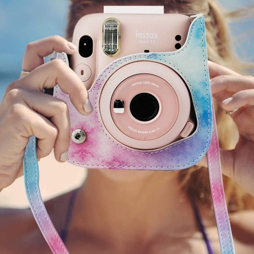  WOGOZAN Instant Camera Case for Fujifilm Instax Mini 11 / 9 / 8 Camera PU Leather Protective (Blue-Pink Watercolor)