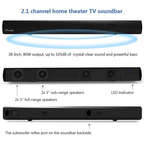  2.1 Channel Bluetooth Sound Bar, Wohome TV Soundbar with Built-in Subwoofer(Wireless Home Theater Sound Bars Speaker, 38-Inch, 80W, 4 Drivers, Remote Control, Wall Mountable, Model