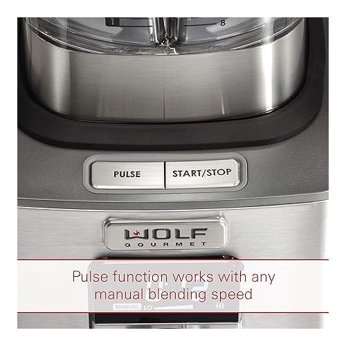  Wolf Gourmet High-Performance Blender, 64 oz Jar, 4 program settings, 12.5 AMPS, Blends Food, Shakes and Smoothies, Red Knob, Stainless Steel (WGBL100S)