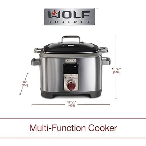  Wolf Gourmet Programmable 6-in-1 Multi Cooker with Temperature Probe, 7 qrt, Slow Cook, Rice, Saute, Sear, Sous Vide, Stainless Steel, Red Knob (WGSC100S)
