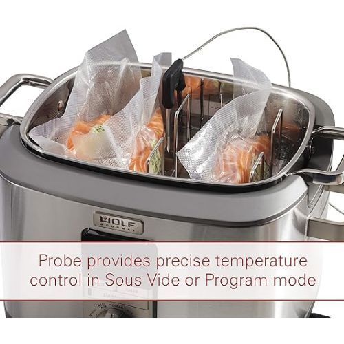  Wolf Gourmet Programmable 6-in-1 Multi Cooker with Temperature Probe, 7 qrt, Slow Cook, Rice, Saute, Sear, Sous Vide, Stainless Steel, Red Knob (WGSC100S)