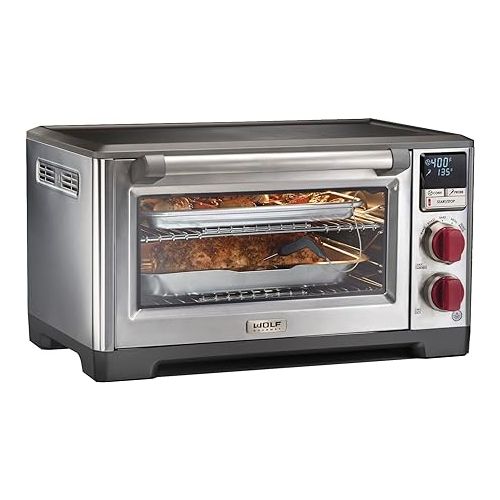  Wolf Gourmet Elite Digital Countertop Convection Toaster Oven with Temperature Probe, Stainless Steel and Red Knobs (WGCO150S)