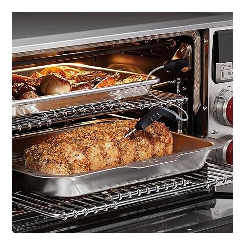  Wolf Gourmet Elite Digital Countertop Convection Toaster Oven with Temperature Probe, Stainless Steel and Red Knobs (WGCO150S)