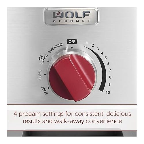  Wolf Gourmet Pro-Performance Blender, 64 oz Jar, 4 program settings, 12.5 AMPS, Blends Food, Shakes and Smoothies, Red Knob, Stainless Steel (WGBL200S)