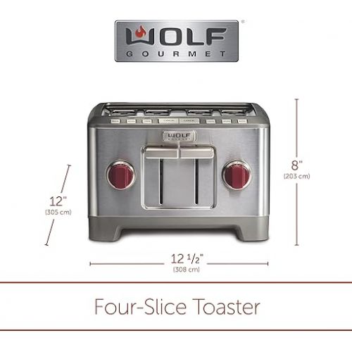  Wolf Gourmet 4-Slice Extra-Wide Slot Toaster with Shade Selector, Bagel and Defrost Settings, Red Knob, Stainless Steel (WGTR154S)