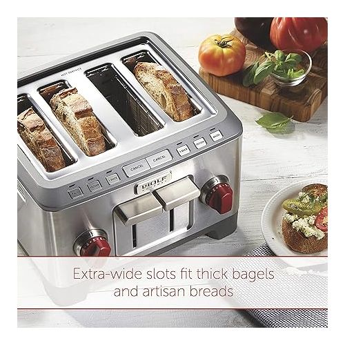  Wolf Gourmet 4-Slice Extra-Wide Slot Toaster with Shade Selector, Bagel and Defrost Settings, Red Knob, Stainless Steel (WGTR154S)