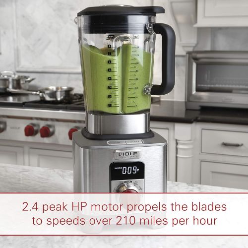  Wolf Gourmet High-Performance Blender, 64 oz Jar, 4 program settings, 12.5 AMPS, Blends Food, Shakes and Smoothies, Red Knob, Stainless Steel (WGBL100S)