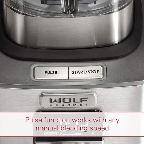  Wolf Gourmet High-Performance Blender, 64 oz Jar, 4 program settings, 12.5 AMPS, Blends Food, Shakes and Smoothies, Red Knob, Stainless Steel (WGBL100S)