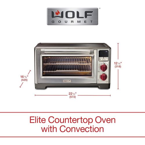  Wolf Gourmet Elite Digital Countertop Convection Toaster Oven with Temperature Probe, Stainless Steel and Red Knobs (WGCO150S)