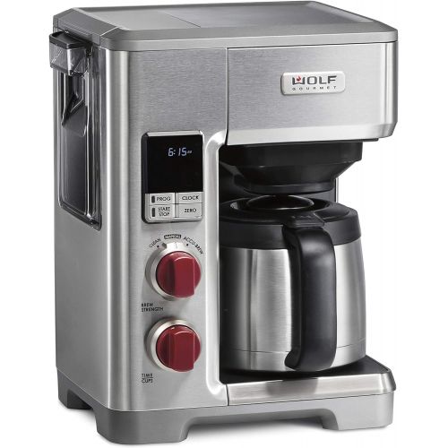  Wolf Gourmet Programmable Coffee Maker System with 10 Cup Thermal Carafe, Built-In Grounds Scale, Removable Reservoir, Red Knob, Stainless Steel (WGCM100S)