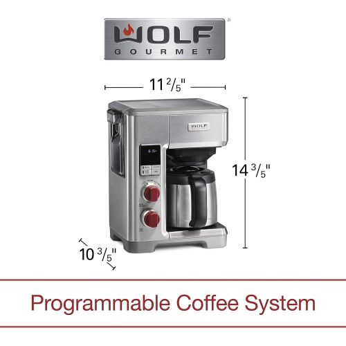  Wolf Gourmet Programmable Coffee Maker System with 10 Cup Thermal Carafe, Built-In Grounds Scale, Removable Reservoir, Red Knob, Stainless Steel (WGCM100S)