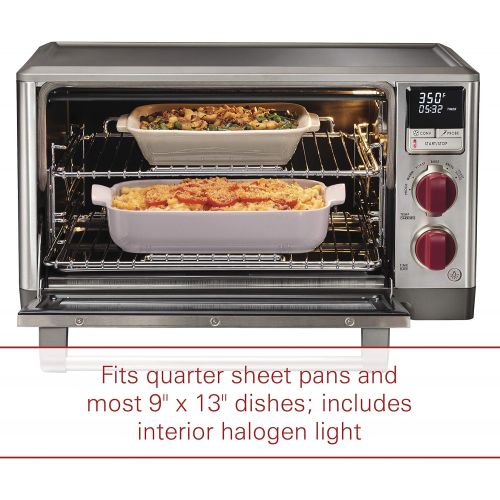  Wolf Gourmet Elite Digital Countertop Convection Toaster Oven with Temperature Probe, Stainless Steel and Red Knobs (WGCO150S)