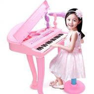 WOLFBUSH Electronic 37-Key Toy Piano Keyboard for Kids with Microphone and Stool Children Musical Toy Kit, 45×29.5×35cm (Pink)