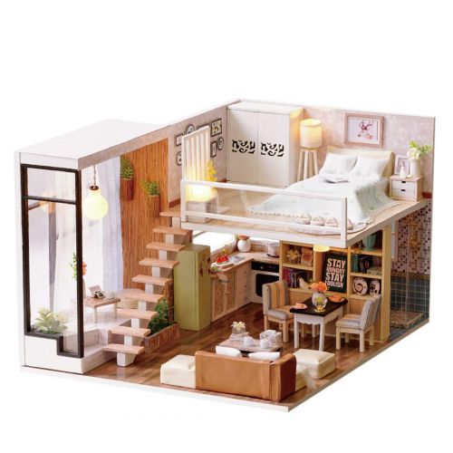  WOLFBUSH DIY Miniature Dollhouse Set Wooden DIY Dollhouse Kit with Furniture Creative Self-Assembly Room Plus Dust Proof for Home Decor/Birthday Waiting for Time
