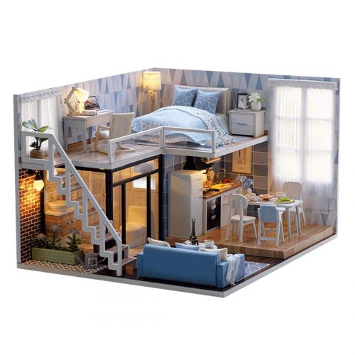 WOLFBUSH DIY Miniature Dollhouse Set Wooden DIY Dollhouse Kit with Furniture Creative Self-Assembly Room Plus Dust Proof for Home Decor/Birthday Waiting for Time