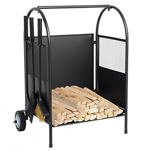  WOLTU Metal Firewood Storage Rack Fireplace Log Holder Outdoor Indoor Log Bin with Wheels and Tool Set, Black, GDA01blk