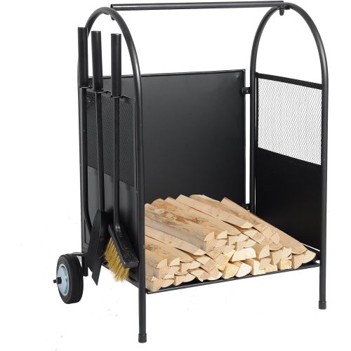  WOLTU Metal Firewood Storage Rack Fireplace Log Holder Outdoor Indoor Log Bin with Wheels and Tool Set, Black, GDA01blk