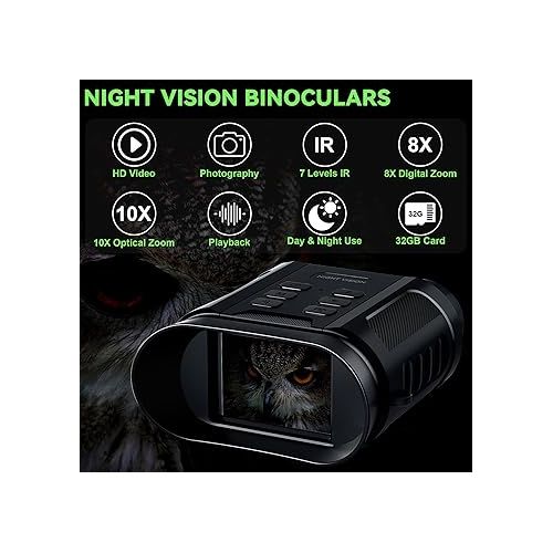  WONGKUO Night Vision Goggles - 5W Upgraded HD IR Binoculars - 8X Digital Zoom, Rechargeable Binoculars with Camera Built in, 32GB Card to Save Photos and Videos, Flashlight for Camping Hunting