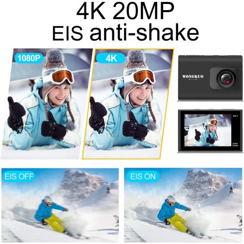  [아마존핫딜][아마존 핫딜] WONGKUO Upgraded Action Camera 4K 20MP Ultra HD WiFi Sport Camera with EIS 30m Waterproof Camera 170°Wide Angle Camcorder 2 LCD Screen Support External Microphone Remote Control wi