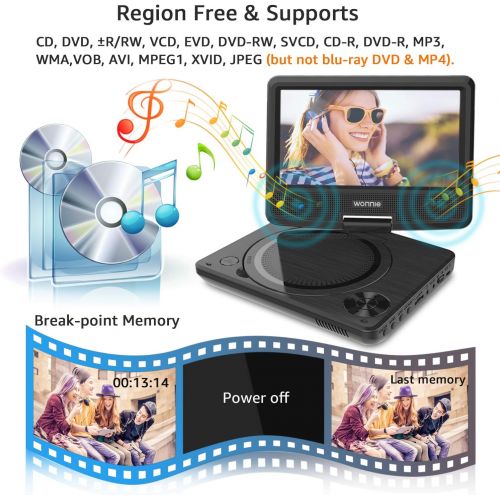  [아마존 핫딜] [아마존핫딜]WONNIE 9.5 inch Portable DVD Player for Kids, Travel DVD CD Player for Car, with 7.5 inch Swivel Screen, Remote Control, USB / SD Card Reader ( Black)