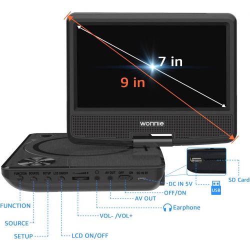  [아마존 핫딜] [아마존핫딜]WONNIE 9.5 inch Portable DVD Player for Kids, Travel DVD CD Player for Car, with 7.5 inch Swivel Screen, Remote Control, USB / SD Card Reader ( Black)