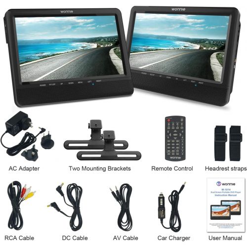  [아마존베스트]WONNIE 9.5 Car Dual Portable DVD Players, 1024x800 HD LCD TFT, USB/SD/MMC Card Readers, Built-in 5 Hours Rechargeable Battery, Stereo Sound, Regions Free, AV Out & in