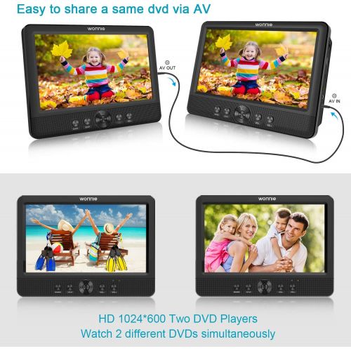  [아마존베스트]WONNIE 10.1 Dual Portable DVD Player for Car Twins CD Players Play Same or Two Different Movies with 5-Hour Rechargeable Battery,2 Mounting Brackets, Support USB/SD Card Reader (2