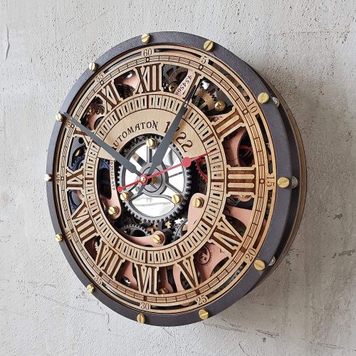  Automaton Skeleton 1722 HANDCRAFTED moving gears wall clock by WOODANDROOT transparent steampunk wall clock, unique, personalized gifts, anniversary gift, large wall clock, home de