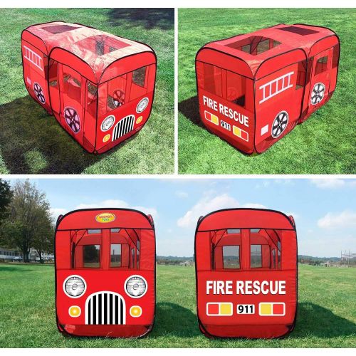  [아마존베스트]WOOHOO TOYS Play Tent for Kids Fire Truck Pop Up Playhouse Red (with Step) for Boys Girls or Pet Use Indoor/Outdoor Large Can Fit Children Crib Bed