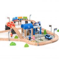 WOOKA 90 Pcs Wooden Train Set Train with a Deluxe Police Station Track Fits Brio, Thomas, Chuggington | Magnetic Trains | Toy Train Set for Kids Age 3 and Up