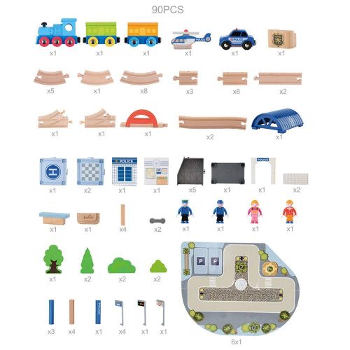  WOOKA 90 Pcs Wooden Train Set Train with a Deluxe Police Station Track Fits Brio, Thomas, Chuggington | Magnetic Trains | Toy Train Set for Kids Age 3 and Up