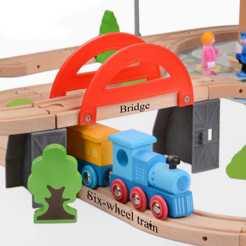  WOOKA 90 Pcs Wooden Train Set Train with a Deluxe Police Station Track Fits Brio, Thomas, Chuggington | Magnetic Trains | Toy Train Set for Kids Age 3 and Up