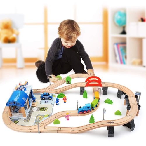  WOOKA 90 Pcs Wooden Train Set Train with a Deluxe Police Station Track Fits Brio, Thomas, Chuggington | Magnetic Trains | Toy Train Set for Kids Age 3 and Up