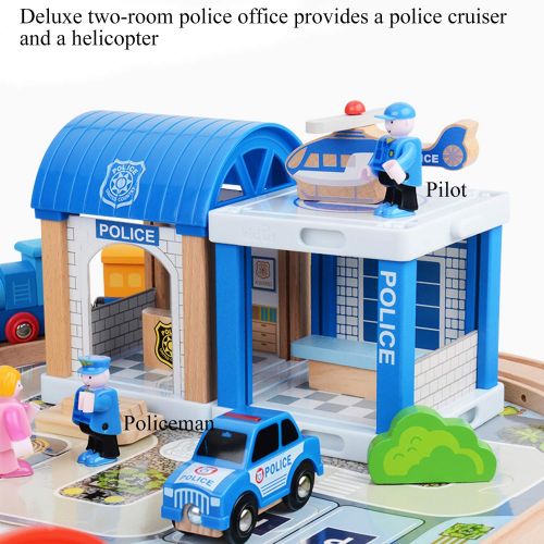  WOOKA 90 Pcs Wooden Train Set Train with a Deluxe Police Station Track Fits Brio, Thomas, Chuggington | Magnetic Trains | Toy Train Set for Kids Age 3 and Up