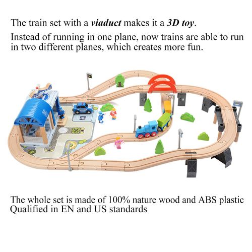  WOOKA 90 Pcs Wooden Train Set Train with a Deluxe Police Station Track Fits Brio, Thomas, Chuggington | Magnetic Trains | Toy Train Set for Kids Age 3 and Up