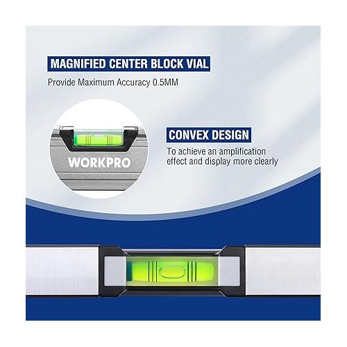  WORKPRO 24 Inch Spirit Level, Bubble Level with Double View Vertical Site, Leveler Tool With 3 Bubble, Aluminum Body, Hand, Shock Absorbing End Caps