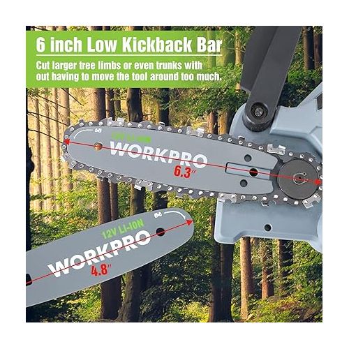  WORKPRO Mini Chainsaw, 6.3“ Cordless Electric Compact Chain Saw with 2 Batteries, One-Hand Operated Portable Wood Saw with Replacement Guide Bar and Chain for Garden Tree Branch Pruning, Wood Cutting