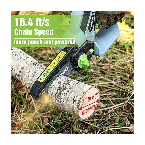  WORKPRO Mini Chainsaw, 6.3“ Cordless Electric Compact Chain Saw with 2 Batteries, One-Hand Operated Portable Wood Saw with Replacement Guide Bar and Chain for Garden Tree Branch Pruning, Wood Cutting