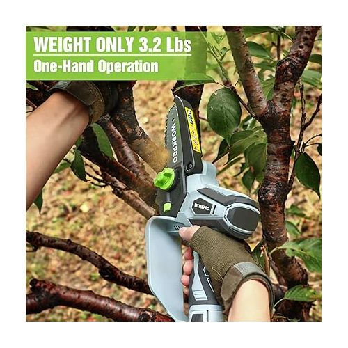  WORKPRO Mini Chainsaw, 6.3“ Cordless Electric Compact Chain Saw with 2 Batteries, One-Hand Operated Portable Wood Saw with Replacement Guide Bar and Chain for Garden Tree Branch Pruning, Wood Cutting