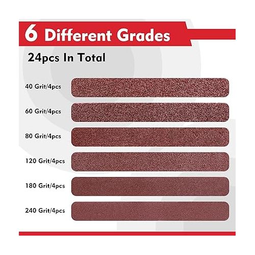  WORKPRO 24 Pack 1/2 x 18 Inch Sanding Belts, Aluminum Oxide Abrasive Belts, 4 Each of 40/60/80/120/180/240 Grits, Belt Sander Tool for Woodworking, Metal Polishing, Red