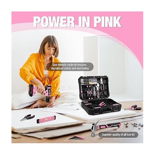  WORKPRO 20V Pink Cordless Drill Driver and Home Tool Set, 141PCS Hand Tool Kit for DIY, Home Maintenance, 2.0 Ah Li-ion Battery, 1 Hour Fast Charger, and Tool Box Included - Pink Ribbon