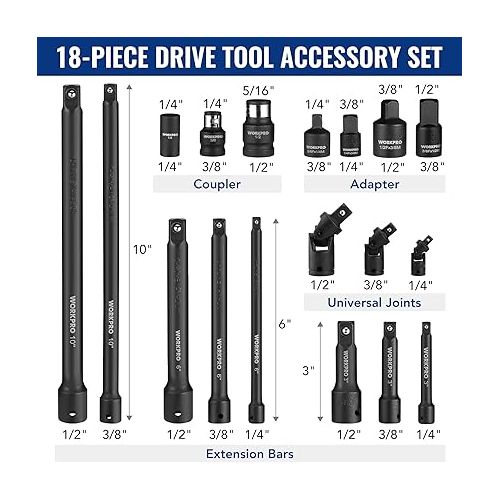  WORKPRO 18-Pieces Drive Tool Accessory Set, Includes Socket Adapters, Socket Extension Bar, Swivel Universal Joints and Impact Coupler, 1/4