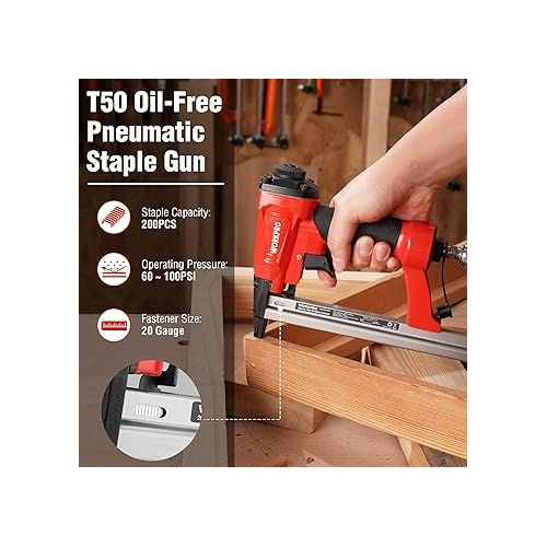  WORKPRO Pneumatic 20 Gauge Staple Gun, Oil-Free T50 Upholstery Stapler with 1260pcs 1/4